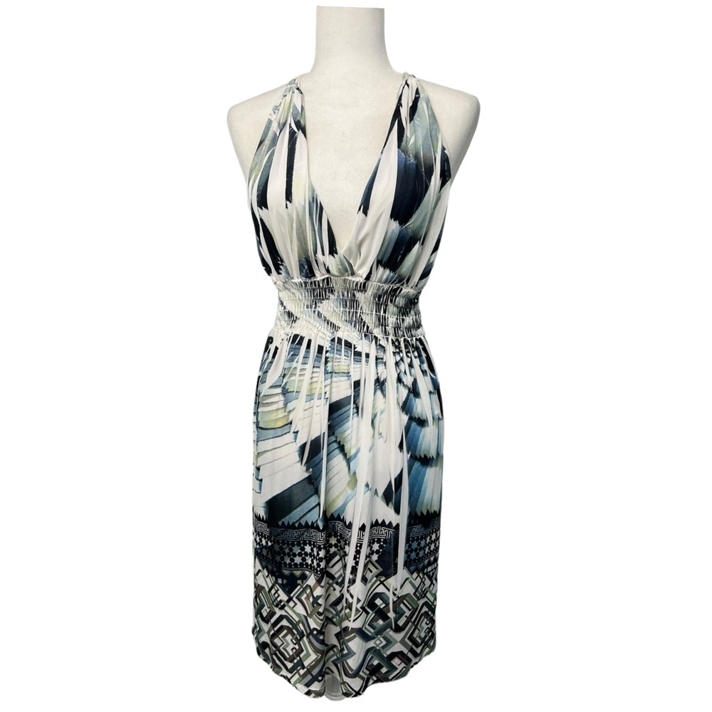 Voll Style Gorgeous V Neck White & Blue Sleeveless Dress - Size Medium